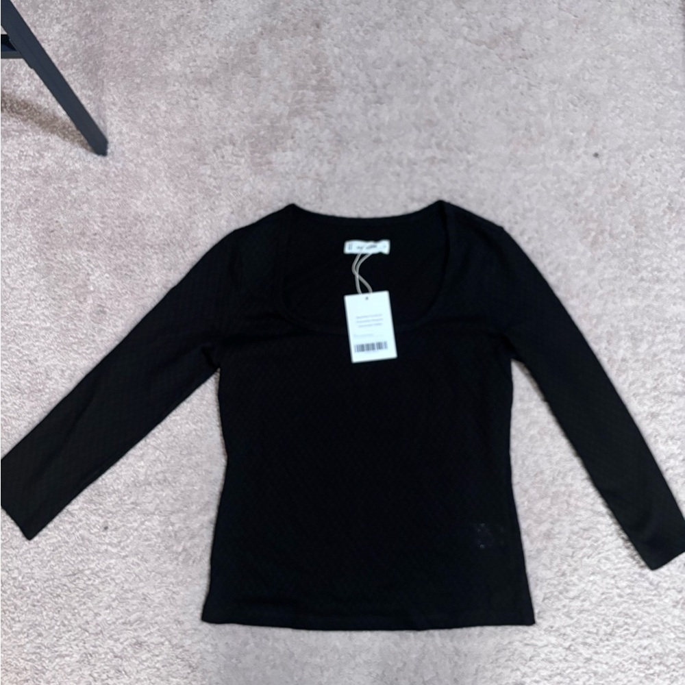 Everlane Black Square Neck 3/4 length pointelle top medium